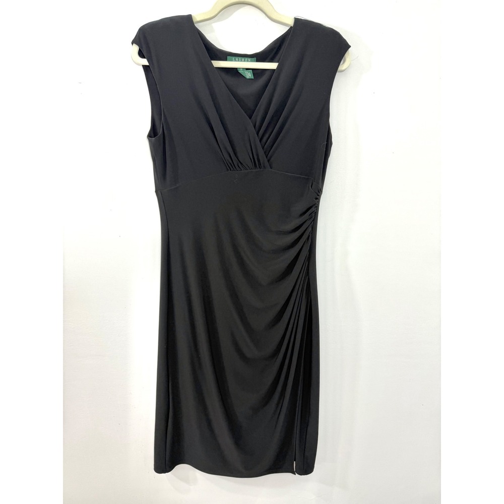 Lauren Ralph Lauren Womens Black Ruched V-Neck Cocktail Dress Size 10 Sleeveless